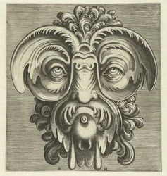 Maske mit Tellern um die Augen und einem Büschel Locken auf dem Kopf
Pourtraicture ingenieuse de plusieurs facons de masques… (Serientitel)
