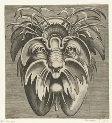 Maske mit hängenden Wangen und Schnurrbart, im Haar Gräser