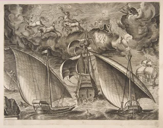 Zwei Galeeren segeln hinter einem bewaffneten Dreimaster mit Phaeton und Jupiter am Himmel, f..., 1561-65