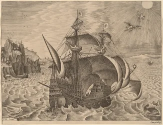 Bewaffneter Dreimaster mit Daedalus und Ikarus am Himmel
