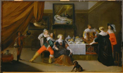 Gesellschaftsszene mit einem Bild der Danae im Hintergrund