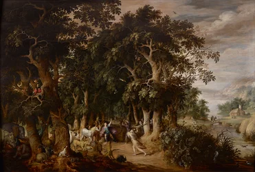 Eine Lichtung in einer dicht bewaldeten Landschaft mit vielen Tieren und Orpheus, angegriffen von den thrakischen Frauen