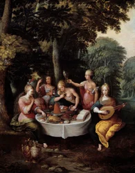 Die fünf Sinne: junge Frauen in einer Landschaft mit Bankett (Geschmack), Musik (Hören), Spiegel (Sehen), Blumenstrauß (Riechen) und Liebkosung (Tasten) (Detail)