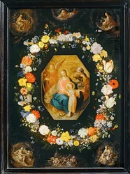 Die Heilige Familie umgeben von einem Blumenkranz
