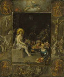 Die Verspottung Christi, in einer Grisaille-Umgebung, die Gott den Vater, die Evangelisten, die Kreuzigung, die Auferstehung und den Teufel und den Tod mit der gekrönten Schlange darstellt