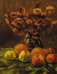 Äpfel, Orangen und eine Vase mit Blumen auf einem Tisch