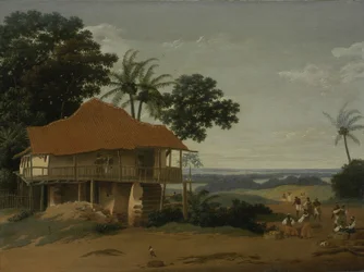 Brasilianische Landschaft mit einem Arbeiterhaus, ca. 1655