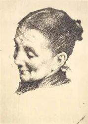 Kopf einer älteren Frau mit gesenktem Blick, nach links gewandt