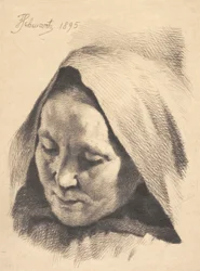 Ältere Frau mit Haube über dem Kopf