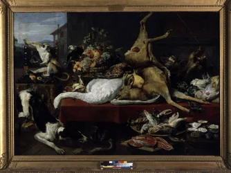 Stillleben mit Wild, Fisch, Obst und Gemüse