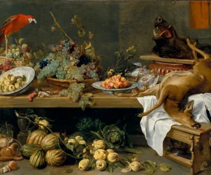 Stillleben mit Obst, Gemüse und Wild