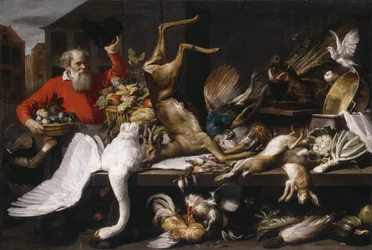 Stillleben mit Wild, Früchten und Gemüse auf einem Markt, 1614