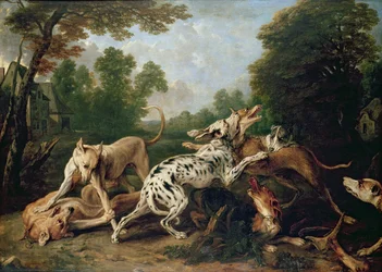 Kämpfende Hunde in einer bewaldeten Lichtung