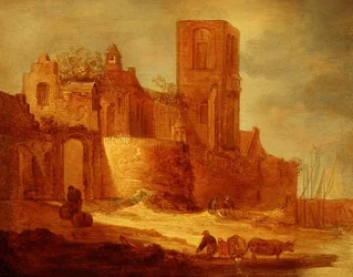 Eine zerstörte Abtei an einem Wasserweg mit Bauern und Vieh im Vordergrund