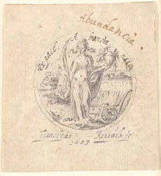 Die Fülle als stehende Frauenfigur mit Füllhorn und Friedenspalme. Rund eingerahmt