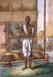 Krämer vor seinem Laden mit Waren in Säcken, aus 