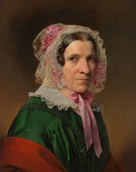 Porträt einer älteren Dame mit Spitzenhaube und rosa Bändern