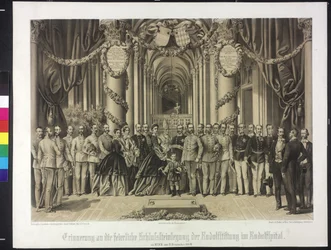 Erinnerung an die feierliche Grundsteinlegung der Rudolfstiftung im Rudolfspital 1864 (Lithographie)