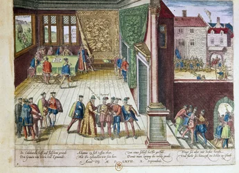 Verhaftung von Lamoral, Graf von Egmont (1522-1568) und Philippe de Montmorency (1524-1568), Graf von Hornes (Hoorn) wegen ihrer Stellungnahme gegen König Philipp II. von Spanien (1527-1598). Sie werden 1568 hingerichtet (oben rechts) 1653