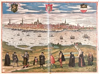 Gesamtansicht von Rostock, Deutschland (Gravur)