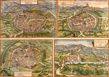 Karte von Weißenburg (Wissenburgum) in Deutschland, Rouffach (Rubeacum) und Colmar (Colmaria) in Frankreich und Baden in der Schweiz