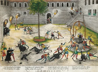 Vergeltung der Reformierten gegen die Geistlichen von Nimes, Oktober 1567, Kupferstich von Franz Hogenberg, Religionskriege, Frankreich