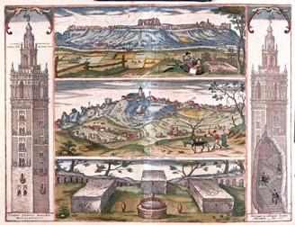 Die Giralda von Sevilla, Spanien - 5 Ansichten: San Juan am Guadalquivir, Gerena, 3 römische Gräber und Türme an der Seite, eine Schnittansicht zeigt George Hufnagel, der zu Pferd aufsteigt (Gravur)