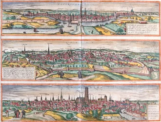 Ansichten von Bois le Duc (Buscumducis) in den Niederlanden, Leuven (Lovanium) und Machelen (Mechlineen) in Belgien (Radierung)