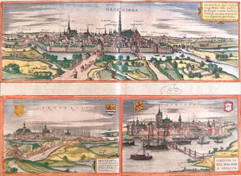 Ansichten von Groningen (Groeninga), Brouwershaven (Broversavia) und Gorinchem (Goricum), Niederlande (Radierung)