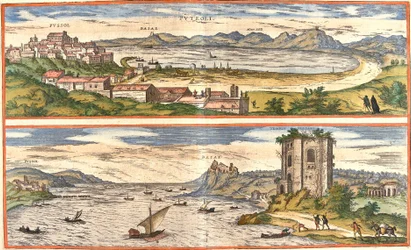 Ansichten von Pozzuoli (Puteoli) und Baiae (heutiges Baia), Italien, mit den antiken Überresten der Thermen des Golfs von Neapel und einer Festung