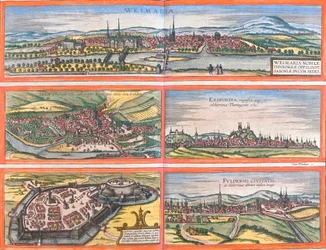 Ansichten von Weimar (Weimaria), Jena, Erfurt (Erdfordia), Gotha und Fulda (Fuldensis), Deutschland