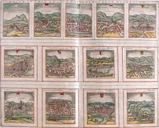 Ansichten der wichtigsten Städte der Schweizerischen Eidgenossenschaft: Schwytz (Svicia), Zug (Tugium), Glaris (Glarona), Basel (Basilea), Zürich (Tugurum), Bern (Ursina), Luzern (Lucerna), Uri (Ursella), Freiburg (Frigurgum), Solothurn (Soloturensis), Sch