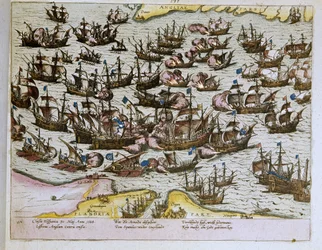 Die Niederlage der unbesiegbaren spanischen Armada an den englischen Küsten am 08.08.1588, Illustration von 1653 (Gravur)