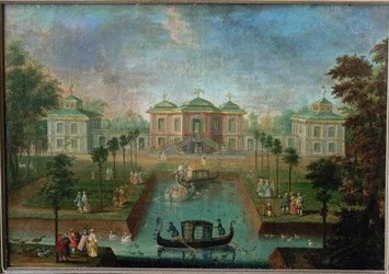 Hofleben im Park des Schlosses Augustusburg um das Indianerhaus, Blick von Osten