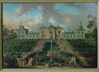 Hofleben im Park des Schlosses Augustusburg um das Indianerhaus, Blick von Westen
