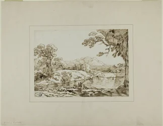 Landschaft mit Fluss, fernen Hügeln und Figuren beim Angeln im Vordergrund