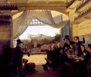 Ludwig II. von Bayern stößt mit Freunden in der spanischen Weintaverne in Rom an. 1824