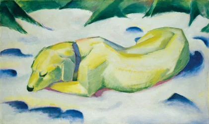 Hund im Schnee liegend, ca. 1911