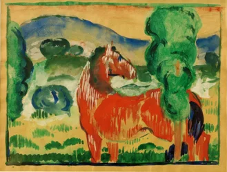 Rotes Pferd in farbiger Landschaft