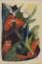 "Vier Füchse", Franz Marc aus Sindelsdorf an Wassily Kandinsky in München: Postkarte, Poststempel 04.02.1913