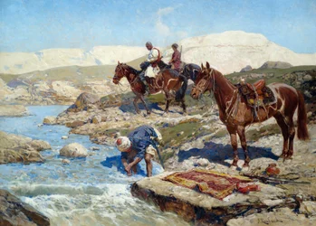 Tscherkessische Reiter überqueren den Fluss