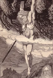 Odin hängt am Weltenbaum. Illustration zu Die Edda: Germanische Götter und Helden von Hans von Wo