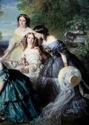 Die Kaiserin Eugenie (1826-1920) im Jahr 1855 umgeben von den Ehrendamen des Palastes, Detail, das die Baronin von Malaret, geborene Nathalie de Segur (gelb), die Marquise de las Marismas (weiß) und die Marquise de La Tour Maubourg darstellt.