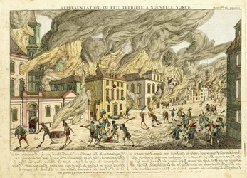 Ansicht von New York während des großen Feuers von 1776; Repräsentation du Feu Terrible à Nouvelle York, 1780