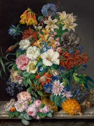 Blumenstück mit Ananas, Trauben und Papagei