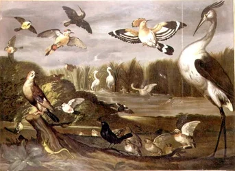 Flusslandschaft mit einem Eichelhäher, einem Schwarzkehlchen, einer Stockente, einer Bachstelze und anderen Vögeln