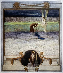 Als ich nahe dem gesegneten Ufer war, """"Asperges me,"""" hörte ich so süß gesungen, ich kann mich nicht daran erinnern, geschweige denn es schreiben, Fegefeuer, Gesang XXXI, Göttliche Komödie von Dante Alighieri, Illustration von Franz von Bayros (1866-1