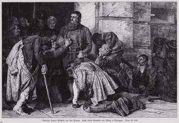 Andreas Hofer, Anführer des Tiroler Aufstands gegen die französische und bayerische Besatzung, verabschiedet sich von seinen Anhängern, bevor er nach Mantua zur Hinrichtung gebracht wird