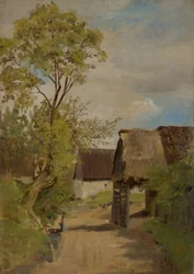 Dorfstraße in Aresing (?) mit weiblicher Gestalt