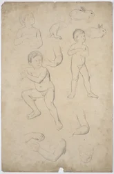 Kinderakt- und Kopfstudien, 2 Hasen